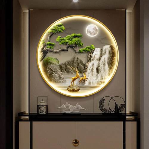 流水生财玄关装饰画大气山水画挂画新中式圆形壁画高级感LED灯画
