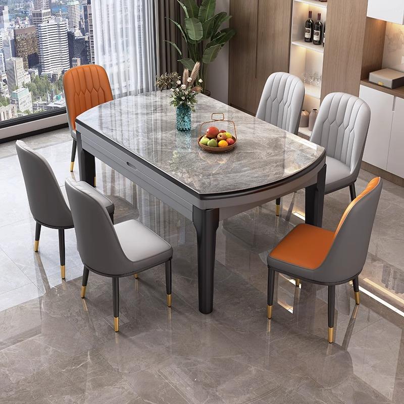 可折叠实木岩板餐桌椅组合家用小户型长方形可变圆桌家用吃饭桌子