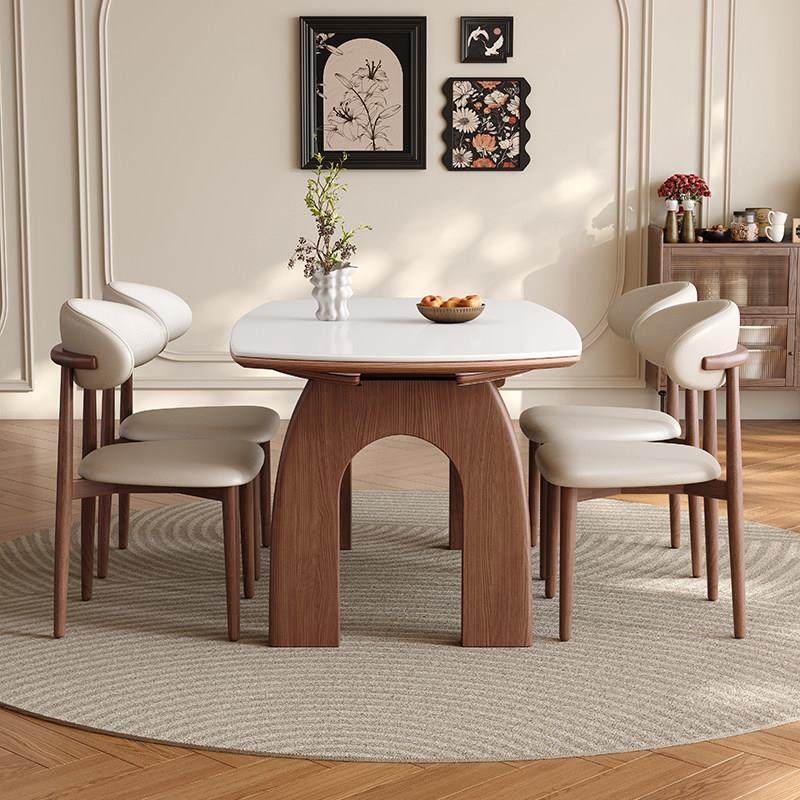 中古风餐桌实木胡桃客厅小户型家用伸缩岩板饭桌政府补贴可变圆桌