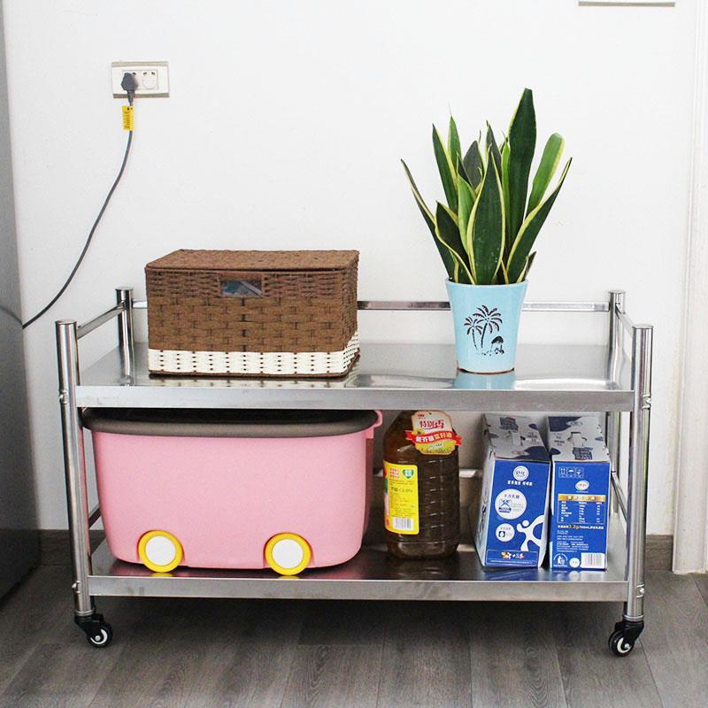 304不锈钢高60两层护栏带轮厨房置物架台面置物架微波炉烤箱收纳