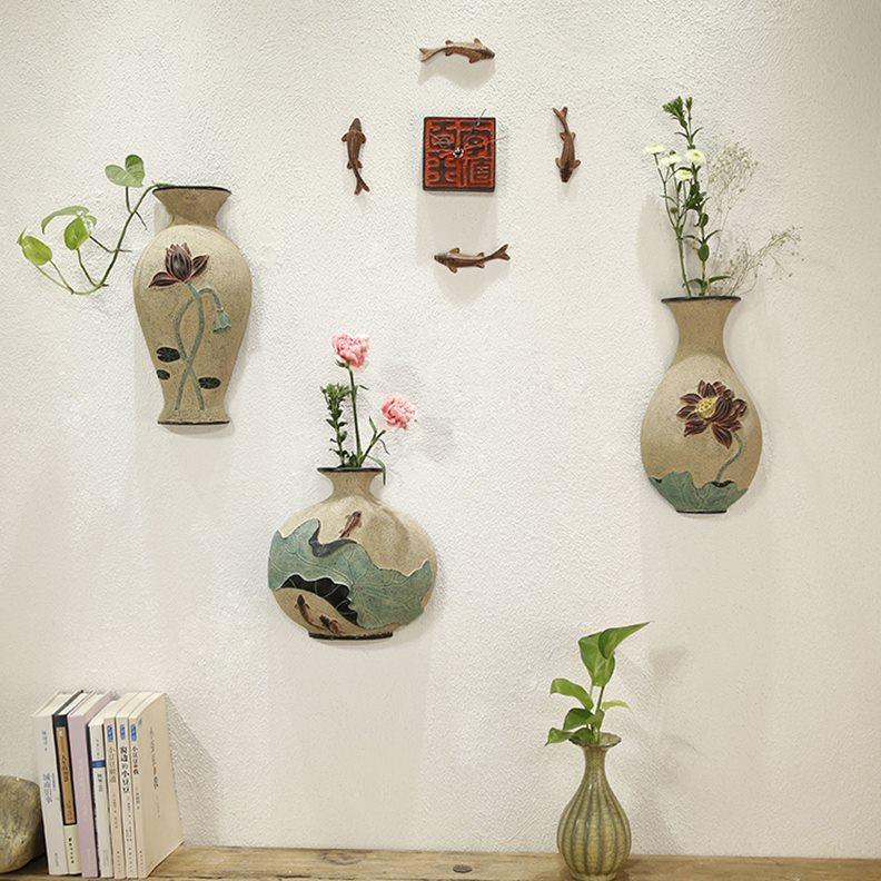 中式立体浮雕荷花壁式花插花瓶玄关画挂件客厅背景墙挂画装饰画