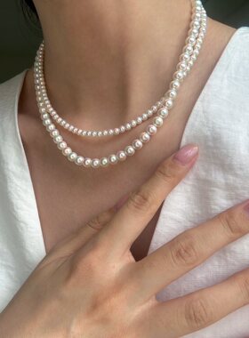 简约幻彩仿马贝粉光天女ako人造珍珠项链S925银锁骨链温柔百搭风