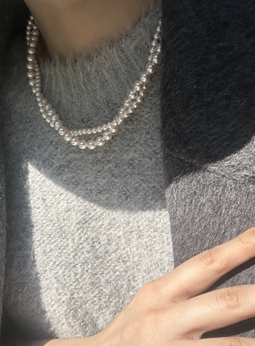 S925纯银宝箱扣双层纯白施家水晶强光正圆珍珠项链轻奢小众毛衣链