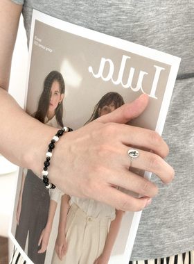 简约小众设计黑玛瑙猫眼螺纹珠S925银手链百搭休闲中式叠戴手串女