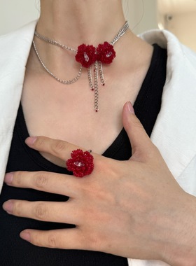 复古港式甜酷风深红色花瓣串珠choker项链戒指手工编织水晶花流苏
