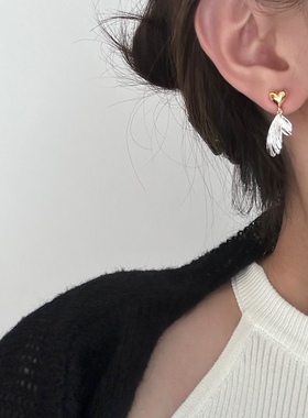 小众设计爱心羽翼对称耳钉女简约大气复古ins风金银拼色耳环