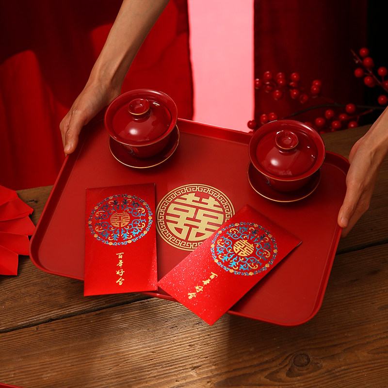 结婚红色果盘喜糖盘子茶盘订婚敬茶托盘婚礼客厅喜字婚庆用品大全