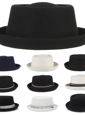 100% Wool Pork Pie Fedora Hat for Women Men Autumn Winter Fe