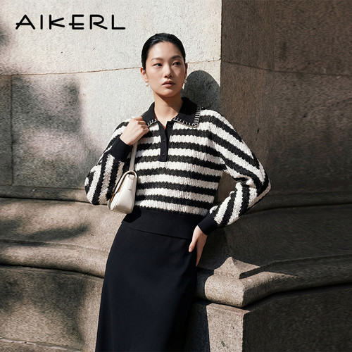 AIKERL艾可儿女士T恤春季新款气质时尚黑白波浪透气上衣T241103