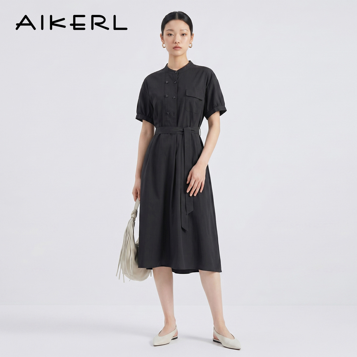 AIKERL艾可儿连衣裙双排扣赫本风垂性泡泡袖中长款D252308