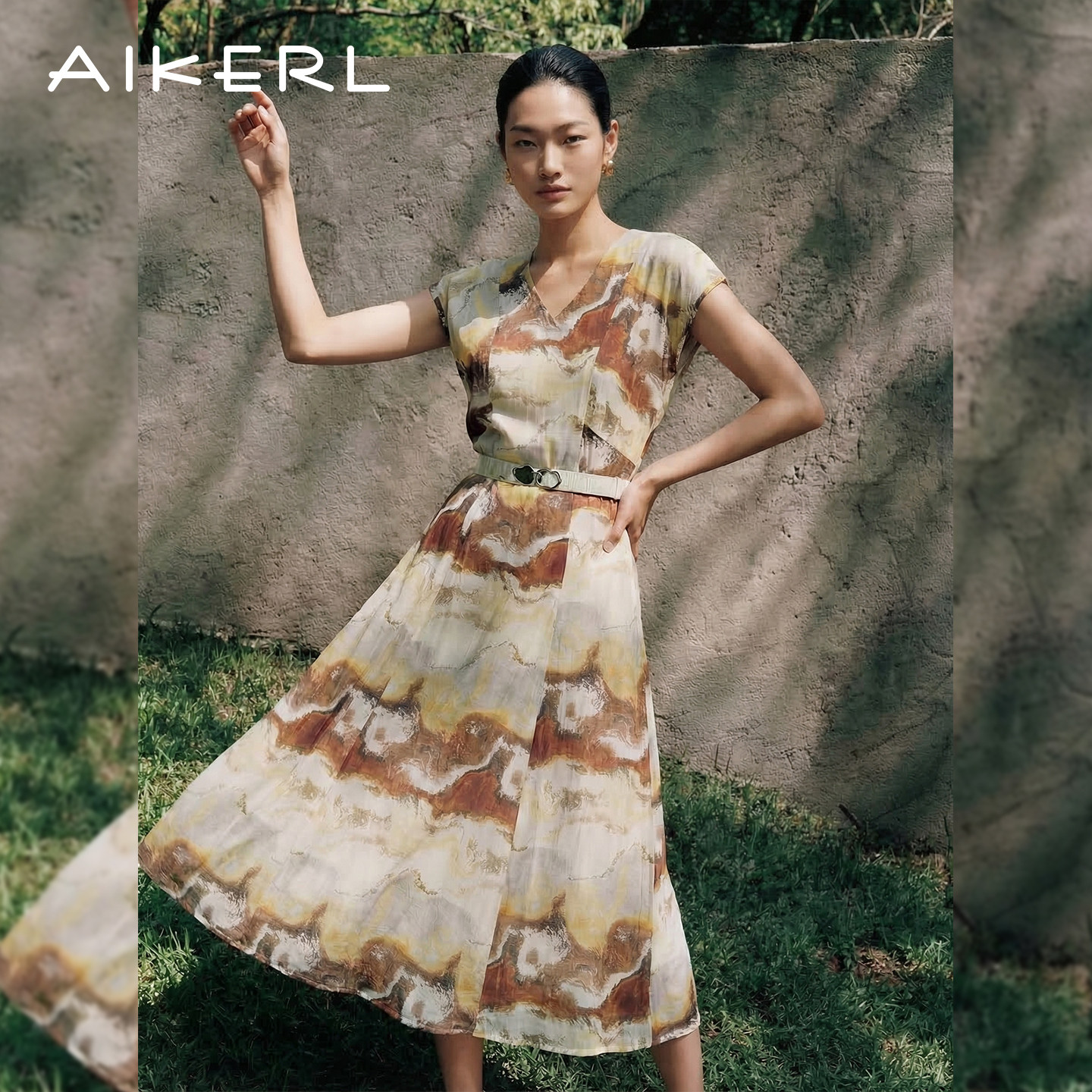 AIKERL艾可儿极简风a字迷幻晕染修身V领天丝连衣裙D242102