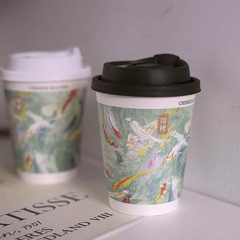400双层中空加厚锦鲤油画纸杯一次性咖啡杯S打包外带冷热饮杯