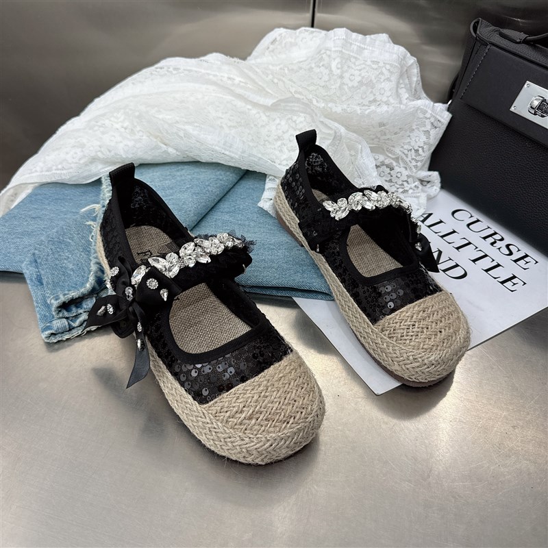 复古草编渔夫鞋女夏季透气蕾丝网面D浅口平底鞋单鞋仙女风玛丽珍