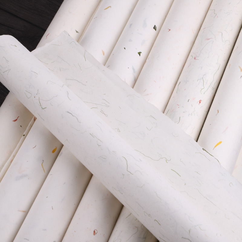 徽雨轩 纯手工e四尺半生半熟花草云龙皮纸六尺绿叶红花植物纤维构