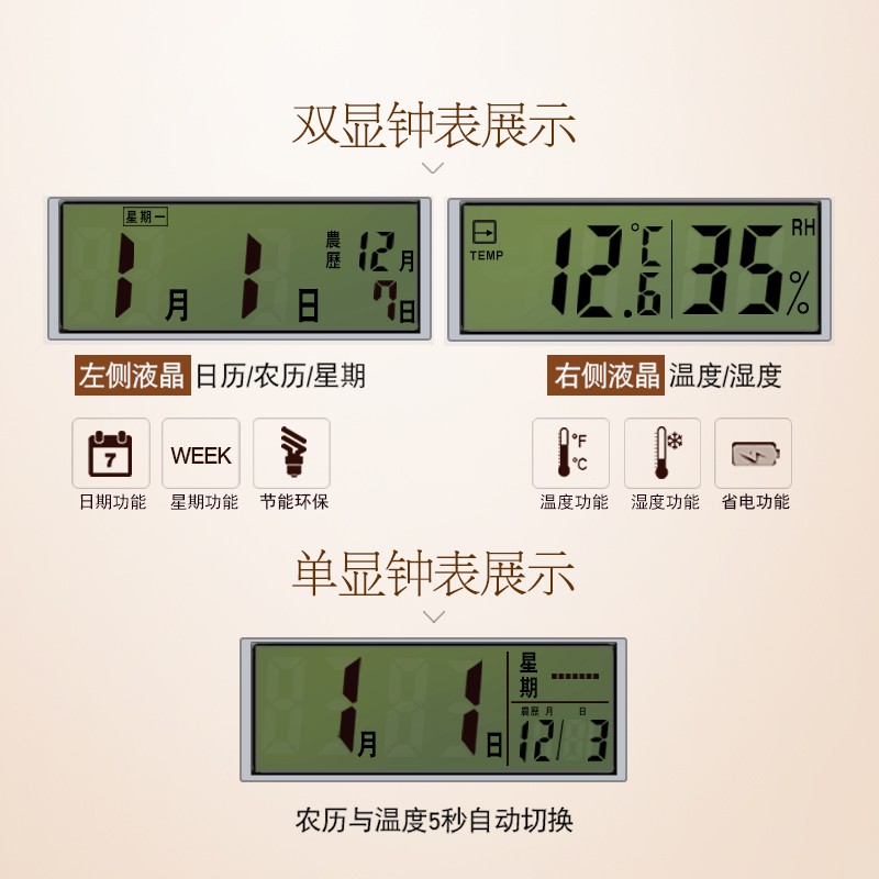 康巴丝客厅静音挂钟现代简约办公创意卧室挂钟万年历X温湿度壁钟