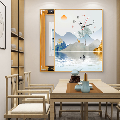 新中式竖版电表箱装饰画带钟表免打孔配电箱遮挡电闸盒Z画山水挂