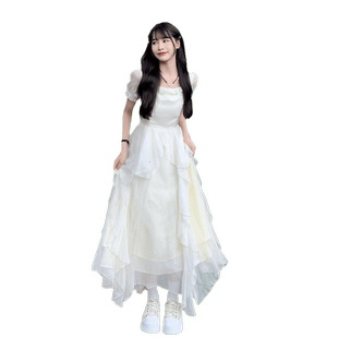 超仙气荷叶边短袖连衣裙女夏季2025年新款法式温柔风收腰显瘦长裙