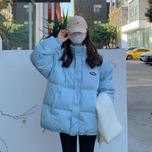 超好看韩系冬装 立领蓝色羽绒棉袄女2025年新款 宽松百搭洋气面包服
