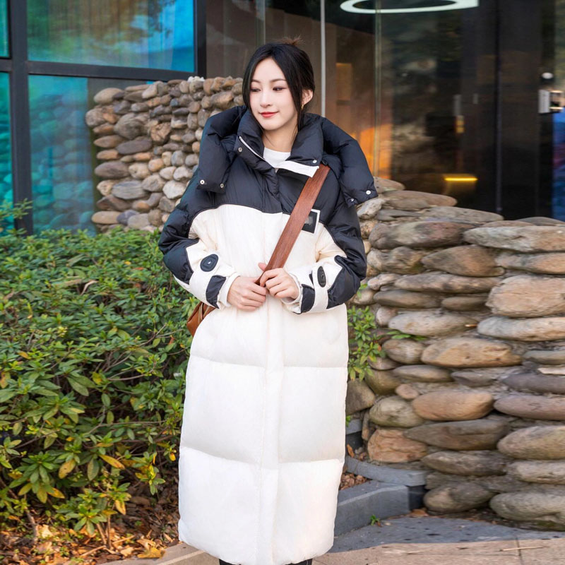 韩国高级感撞色连帽棉服女冬2024新款长款过膝宽松加厚大被子棉衣