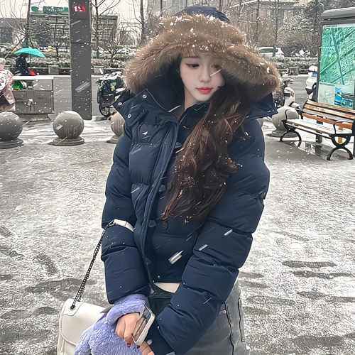 韩国高级感短款大毛领羽绒棉袄女