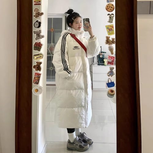 晶煊韩国三条杠长款连帽羽绒棉袄