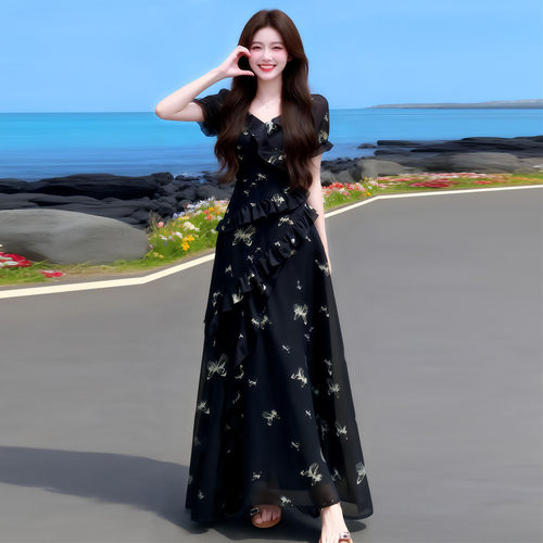 特别漂亮不规则绝美碎花连衣裙女