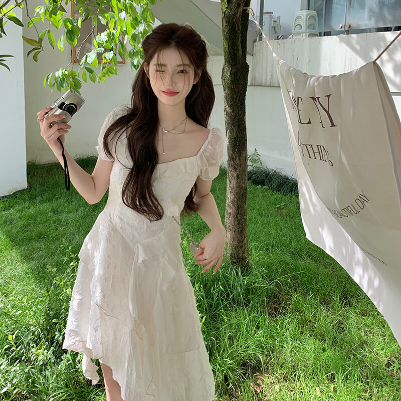 晶煊超仙荷叶边不规则连衣裙女
