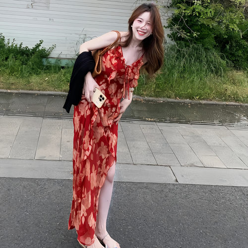 法式绝美吊带碎花连衣裙套装女潮