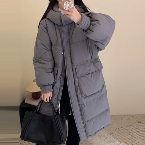 长款过膝连帽大口袋羽绒服女冬厚