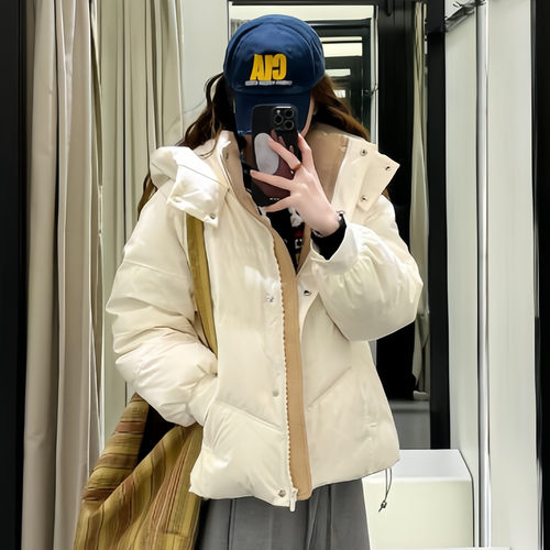 时尚洋气撞色短款连帽羽绒棉袄女