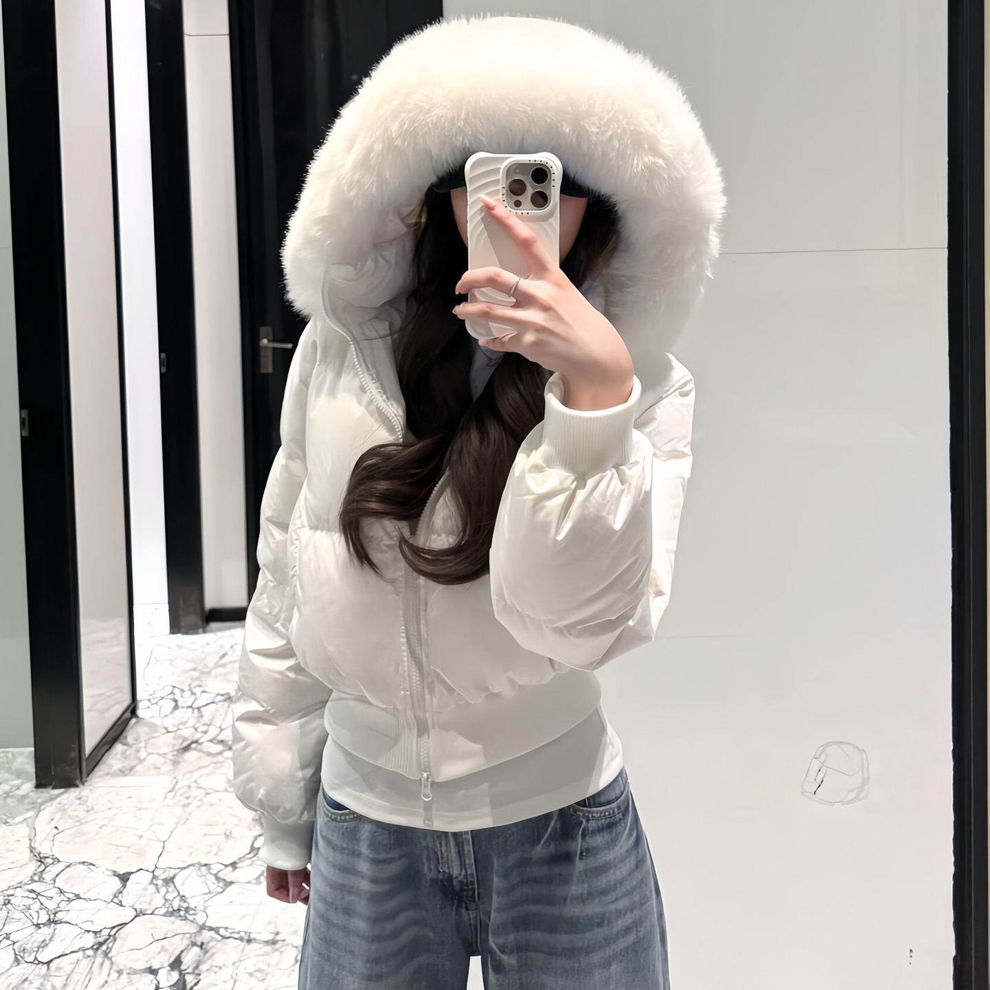 韩国高级感短款大毛领羽绒棉袄女