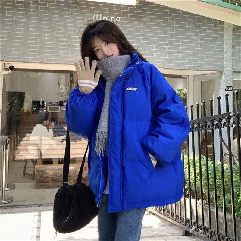 克莱因蓝立领羽绒棉服女加厚2025冬季新款韩版宽松学生百搭面包服
