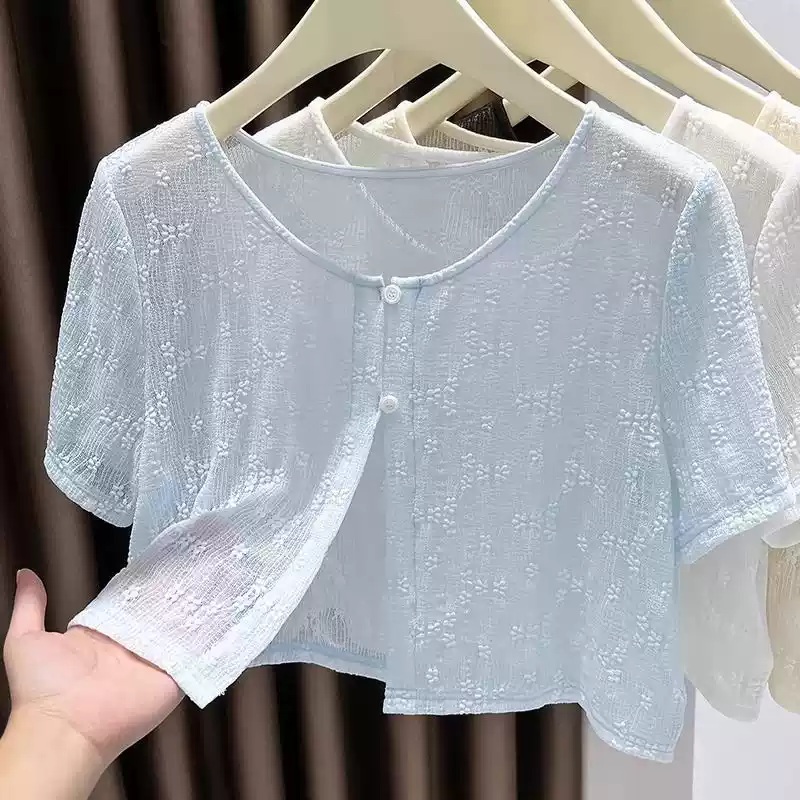 蕾丝短袖开襟外套薄款女短款夏季