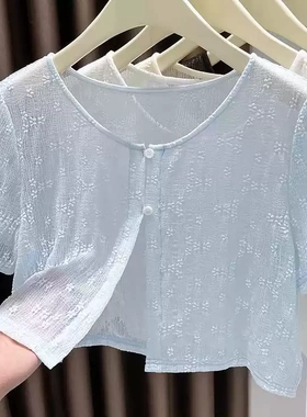 蕾丝短袖开襟外套薄款女短款夏季