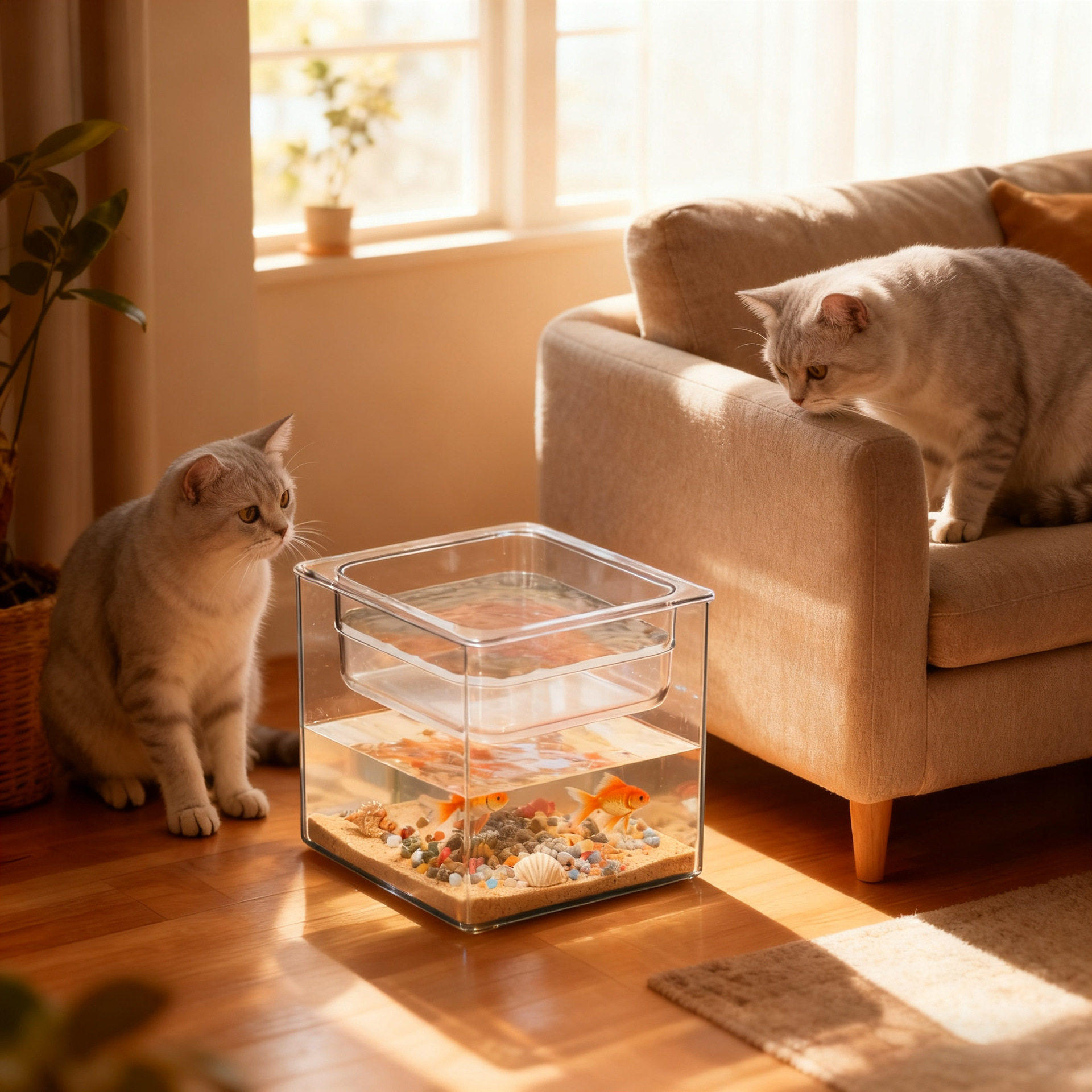 小猫观赏鱼缸猫咪喝水骗水神器观景骗猫水碗新款保护颈椎猫碗透明