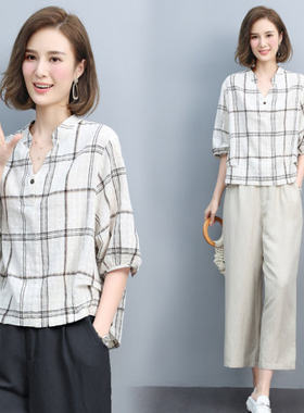 夏季格子V领衬衫女两件套