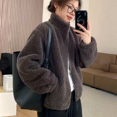 立领加绒加厚短款仿羊羔毛外套女冬季新款百搭保暖拉链毛毛上衣潮
