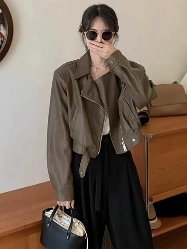 Ретро полиуретановая весенняя модная короткая куртка, подходит для подростков, по фигуре