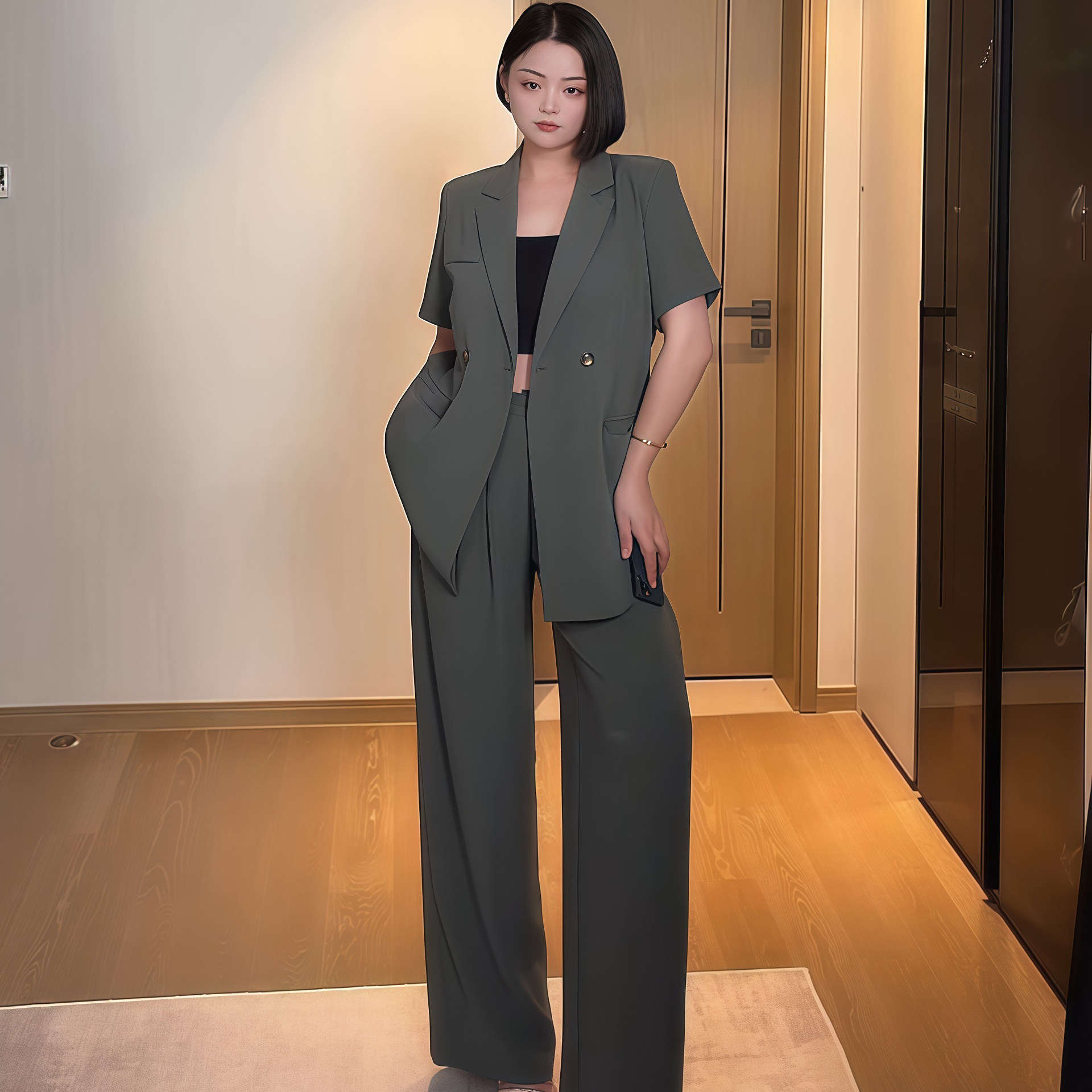 夏款特大码胖妹妹遮肉短袖西装外套女阔腿裤宽松西服显瘦套装薄款