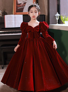 加绒女童红色高端晚礼服秋冬季钢琴演奏儿童公主裙小主持人演出服