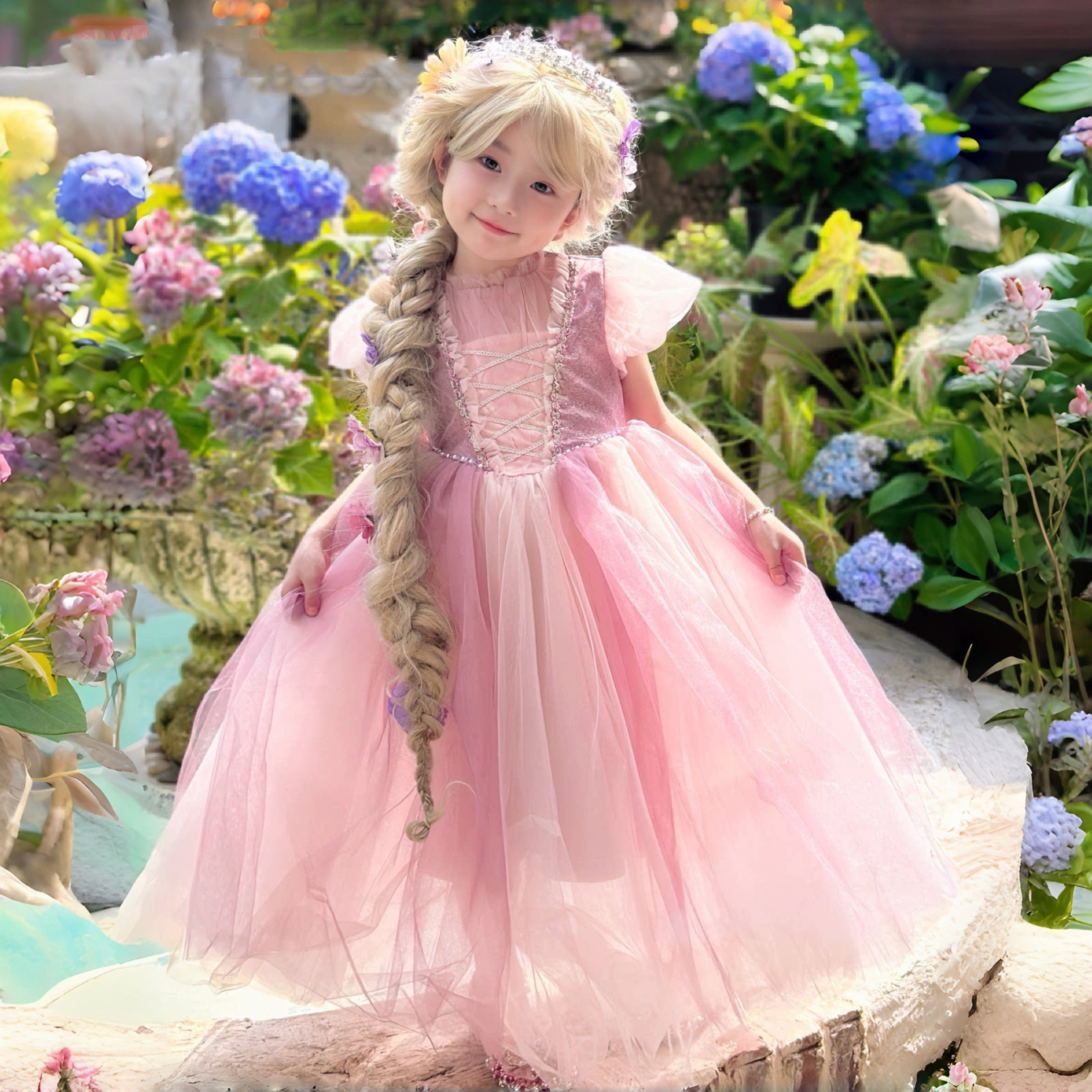 女童公主裙2026新款夏季洋气儿童生日礼服长发乐佩粉色网纱连衣裙