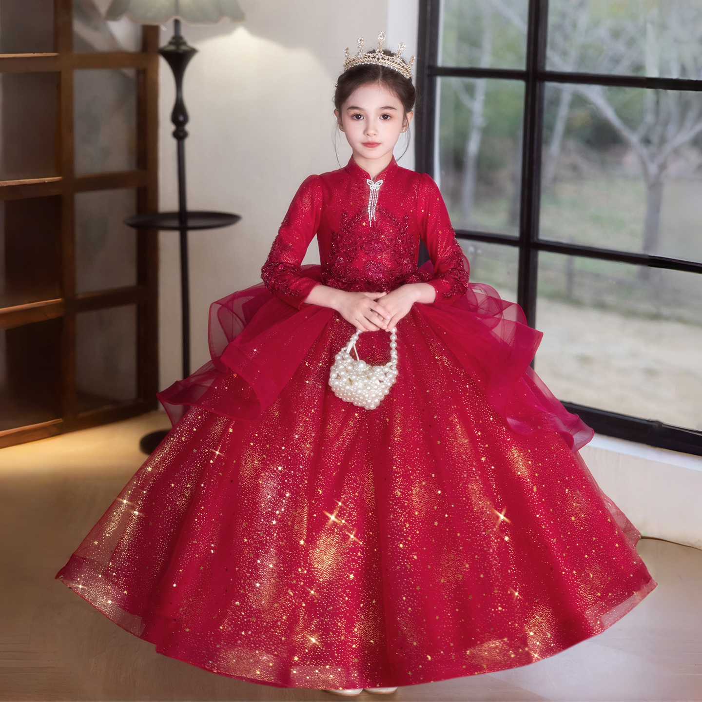 元旦红色主持人女童礼服秋冬新款
