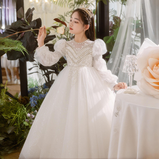 白色女童礼服秋冬季花童婚礼小女孩公主裙高端生日儿童主持人钢琴