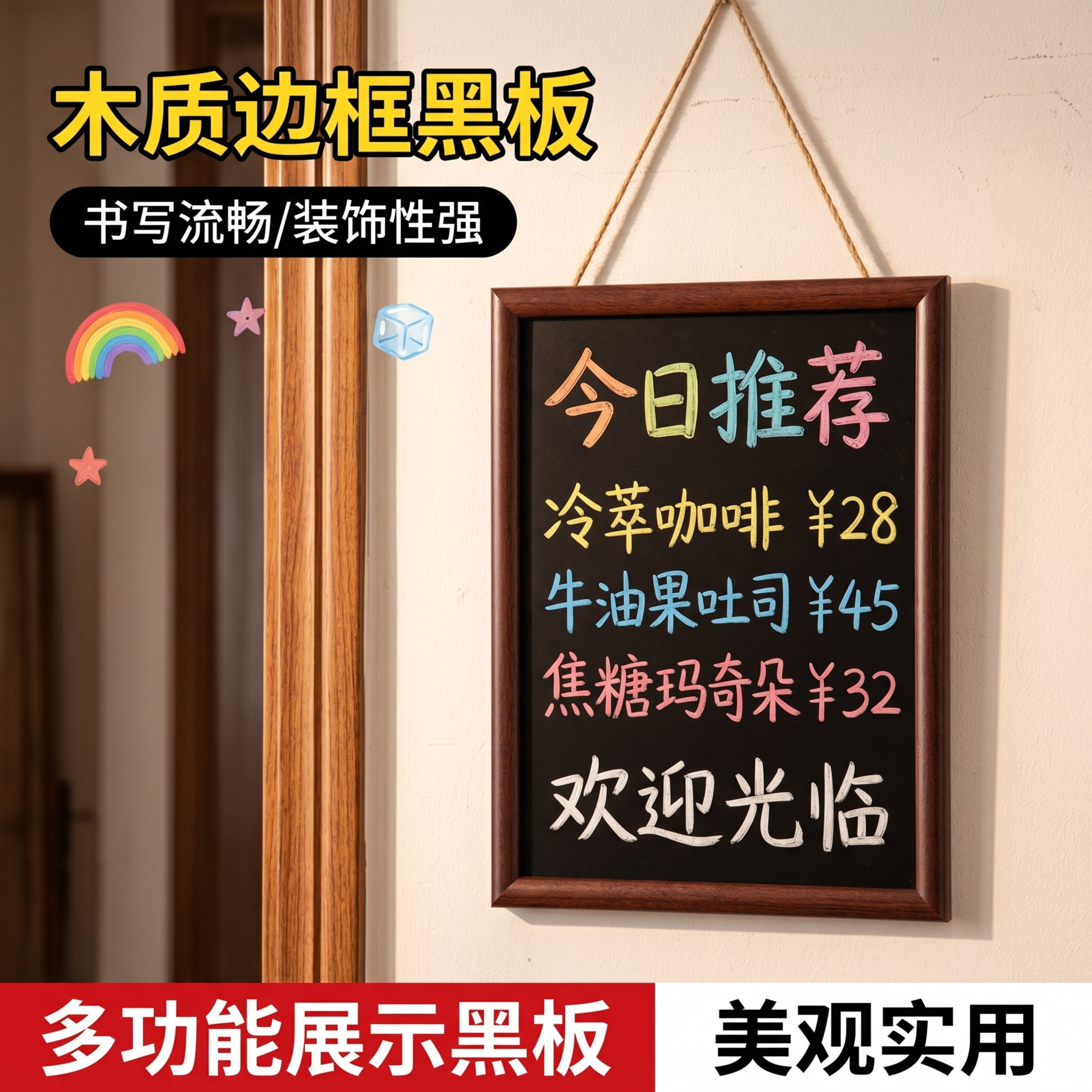 巧圣商用广告牌摆摊展示牌留言板挂式木框餐饮店出摊手写磁吸小黑板店铺用儿童教学可擦粉笔字挂墙家用写字板