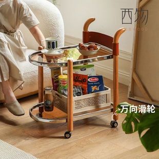 西物实木置物架玻璃客厅家用边几简约小推车小型多功能移动茶几