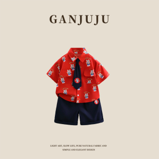 男童2026新款夏季卡通印花衬衫领带套装帅气宝宝短袖两件套儿童装