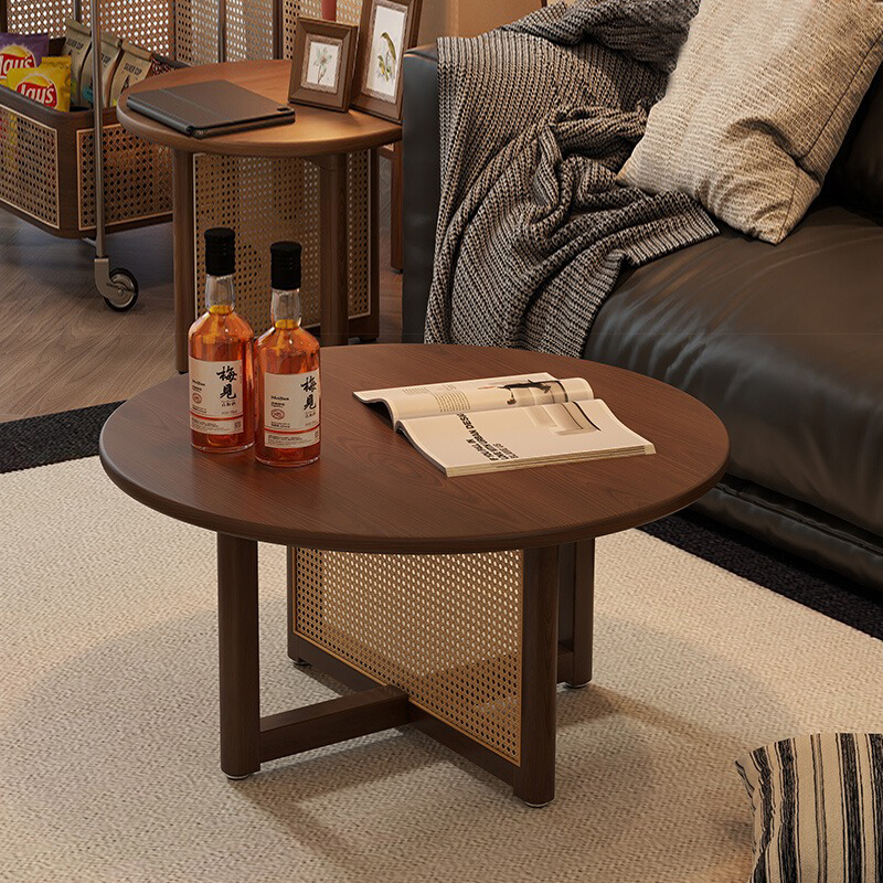 日法式中复古风阳台藤编原实木茶边几家用具小户型客厅圆矮桌极简