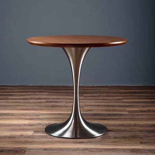 北欧复古实木餐桌家用小户型设计师中古轻奢郁金香洽谈桌岩板圆桌