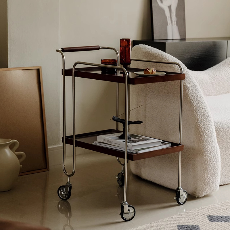 日式复古实木小推车客厅不锈钢轻奢餐车家用网红置物架可移动边几