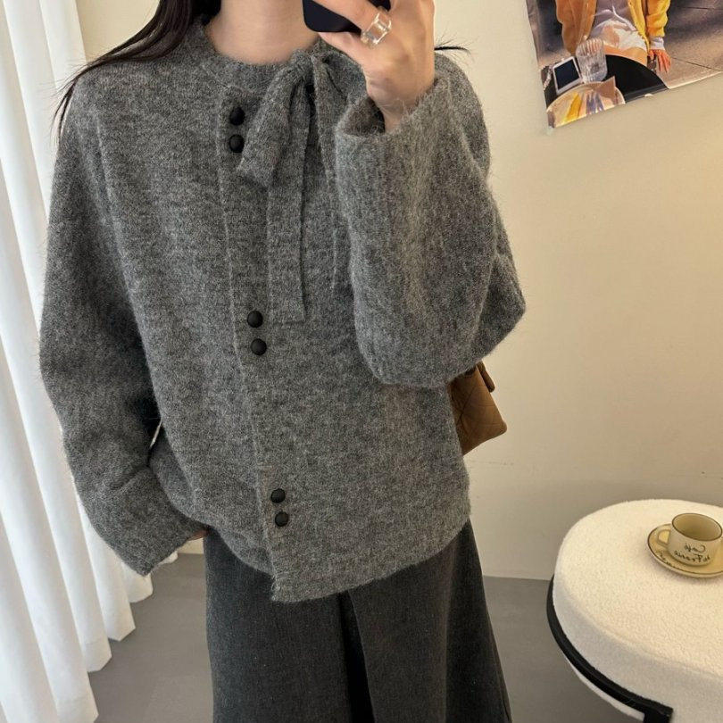 韩系设计感系带毛衣开衫女秋冬新款宽松慵懒风加厚软糯针织衫外套
